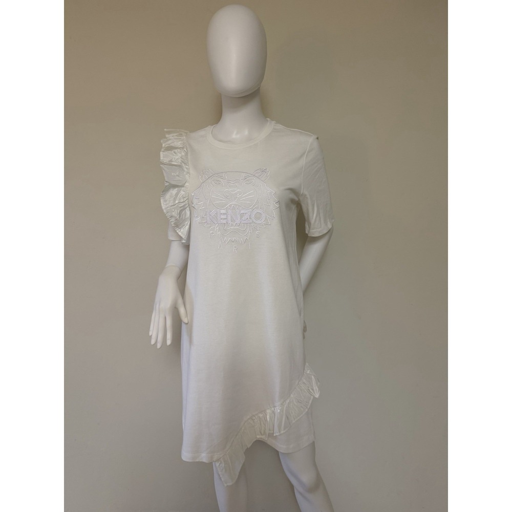 Kenzo Paris Women's White Tiger T-Shirt Dress with Ruffles‎ size M New